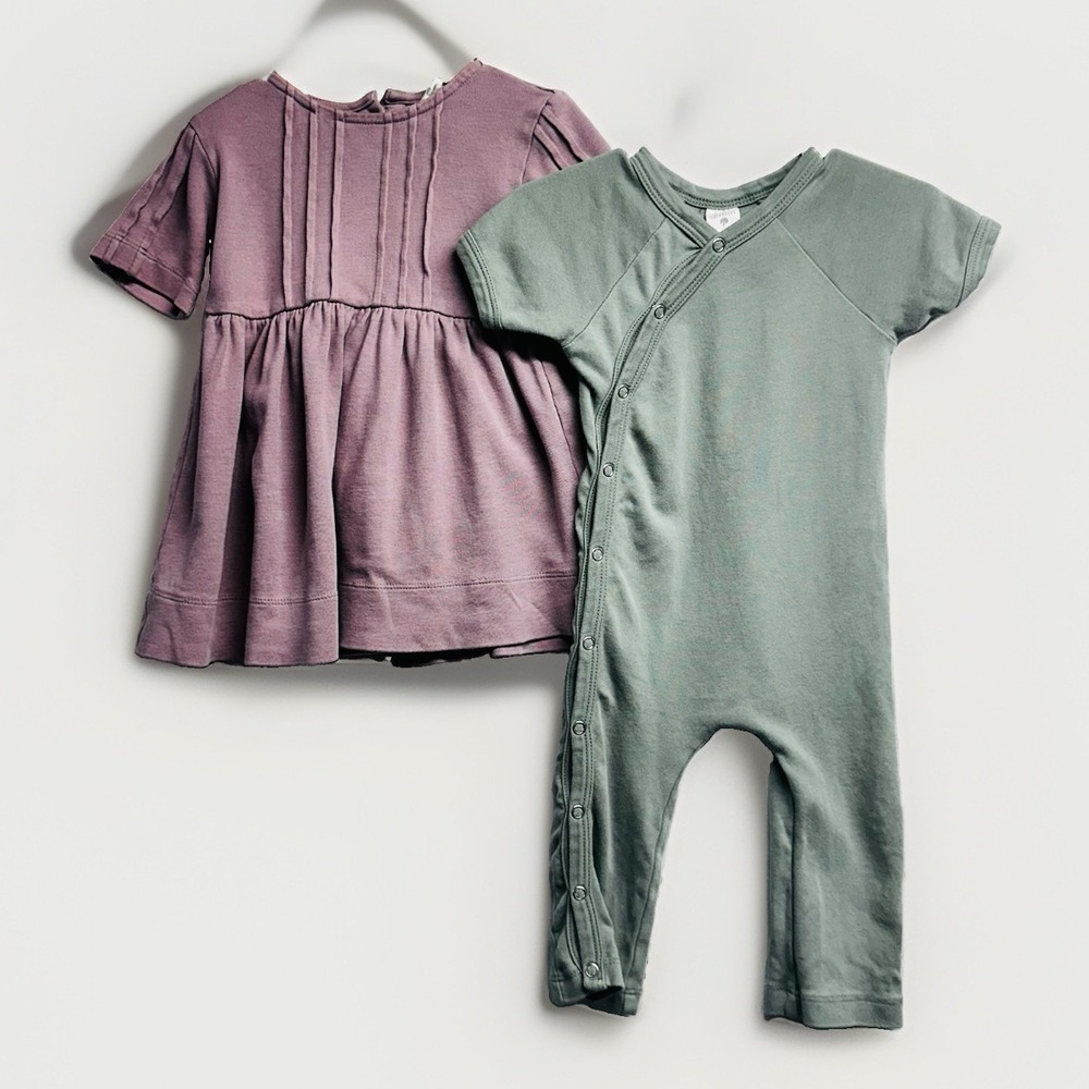 Kate Quinn Baby 12-18 M dress & snap romper Set Organic Cotton Purple Green